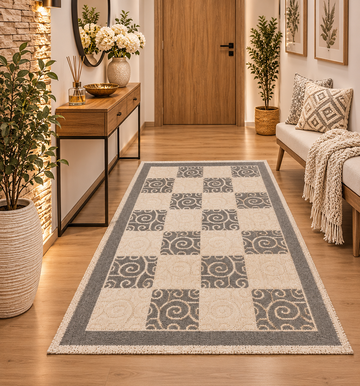 Covor tesut din bumbac, dimensiunea 80x145cm gri si alb cod CB10N