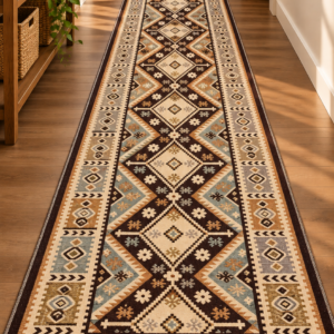 Covor traditional, dimensiunea 80x300cm maro si crem, model Floral