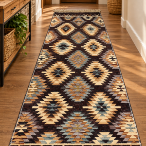 Covor traditional, dimensiunea 80x300cm maro si crem, model Geometric