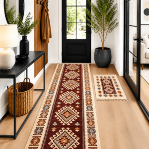 1+1 set covoare traditionale, tesute, iuta, cu doua fete, dimensiunea 80x300cm+60x90cm maro si crem, model ROMB