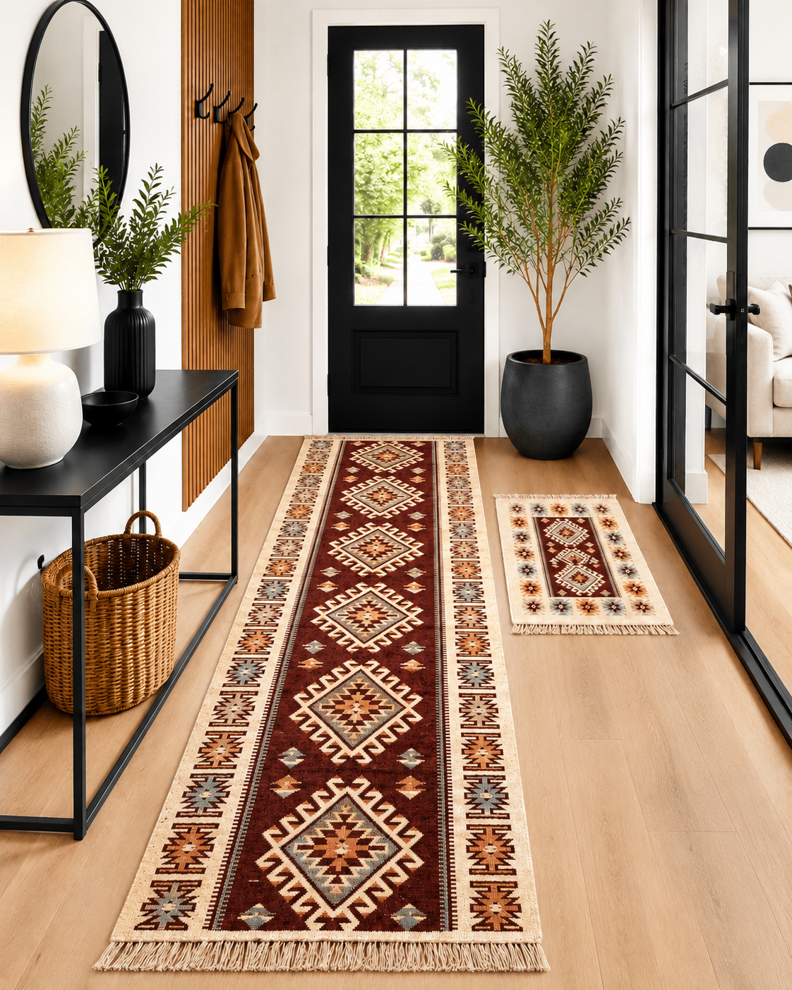 1+1 set covoare traditionale, tesute, iuta, cu doua fete, dimensiunea 80x300cm+60x90cm maro si crem, model ROMB