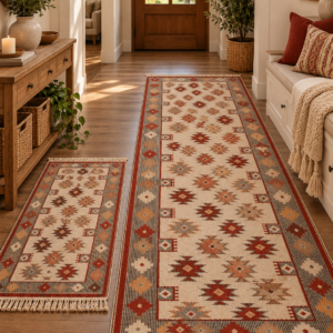 1+1 set covoare traditionale, tesute, cu doua fete, dimensiunea 100x300cm+60x90cm rosu si crem, model rustic 3