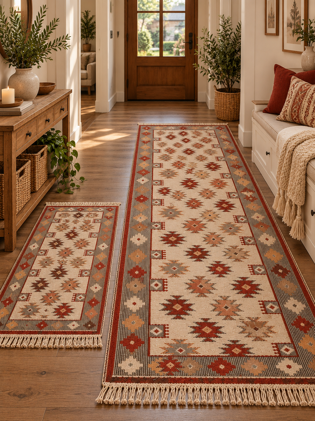1+1 set covoare traditionale, tesute, cu doua fete, dimensiunea 100x300cm+60x90cm rosu si crem, model rustic 3